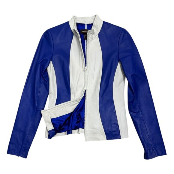 DANIER LEATHER Blue Luxury Designer Casual Motorcycle Bomber Jacket Womens 3XS - Picture 1 of 7
